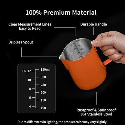 watchget Stainless Steel Milk Frothing Pitcher 12oz/350ml - Espresso Steaming Pitcher for Cappuccino, Latte Art, Coffee Machine Accessories Milk Jug Coffee Frother Cup, Orange