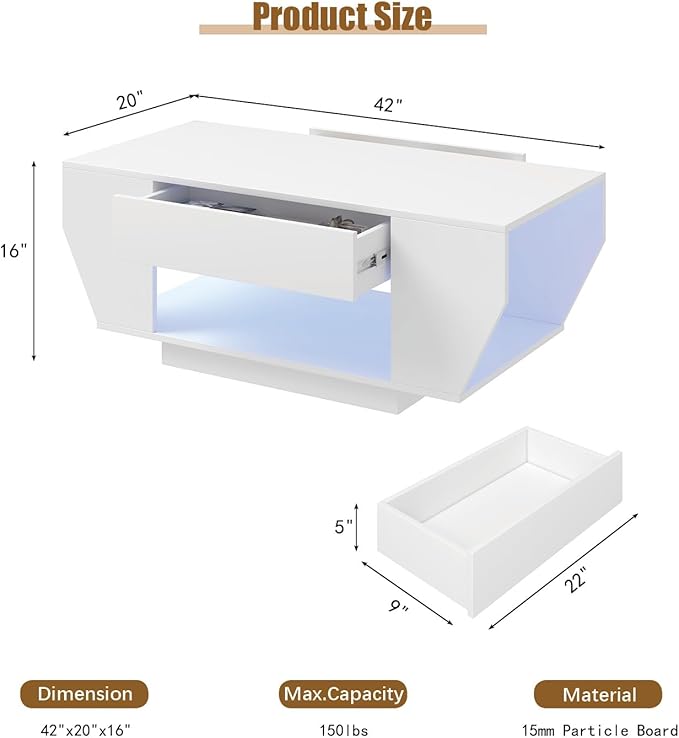 42" White Modern Coffee Table for Living Room, High Glossy Wooden Living Room Table with Storage, Led Rectangular Coffee Tables with 2 Drawers, Wood Center Table for Reception Dinning Room