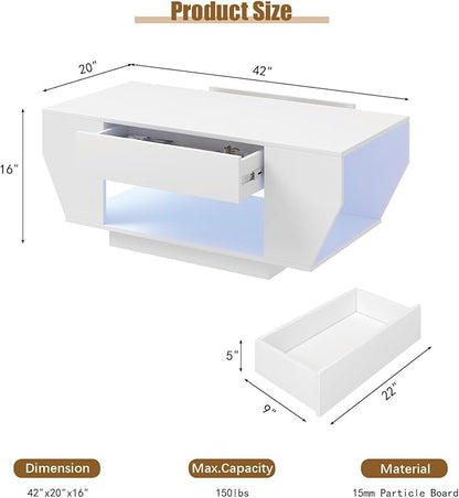 42" White Modern Coffee Table for Living Room, High Glossy Wooden Living Room Table with Storage, Led Rectangular Coffee Tables with 2 Drawers, Wood Center Table for Reception Dinning Room