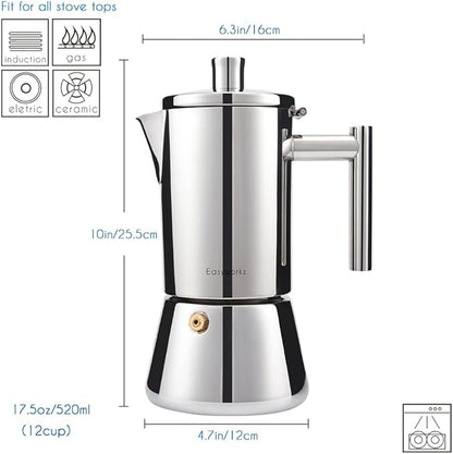 Easyworkz Diego Stovetop Espresso Maker Stainless Steel Italian Coffee Machine Maker 12Cup 17.5 oz Induction Moka Pot