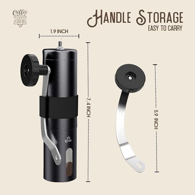 Manual Coffee Grinder — Stainless Steel Conical Burr Coffee Bean Grinder with Hand Crank, 18 Adjustable Settings, Storage Pouch and Sturdy Grip — Portable Coffee Grinder for Camping or Travel