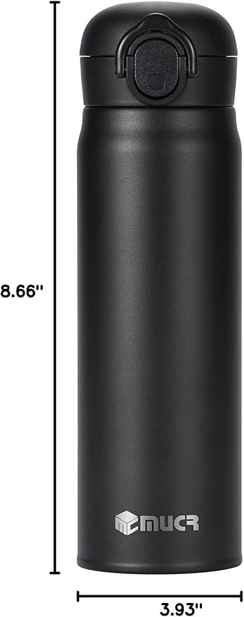17 oz / 500 ml Insulated Water Bottle, Stainless Steel Thermo Coffee Travel Mug, Thermal Cup with Snap Flip Lid, BPA Free for Hot and Cold Drinking, Black