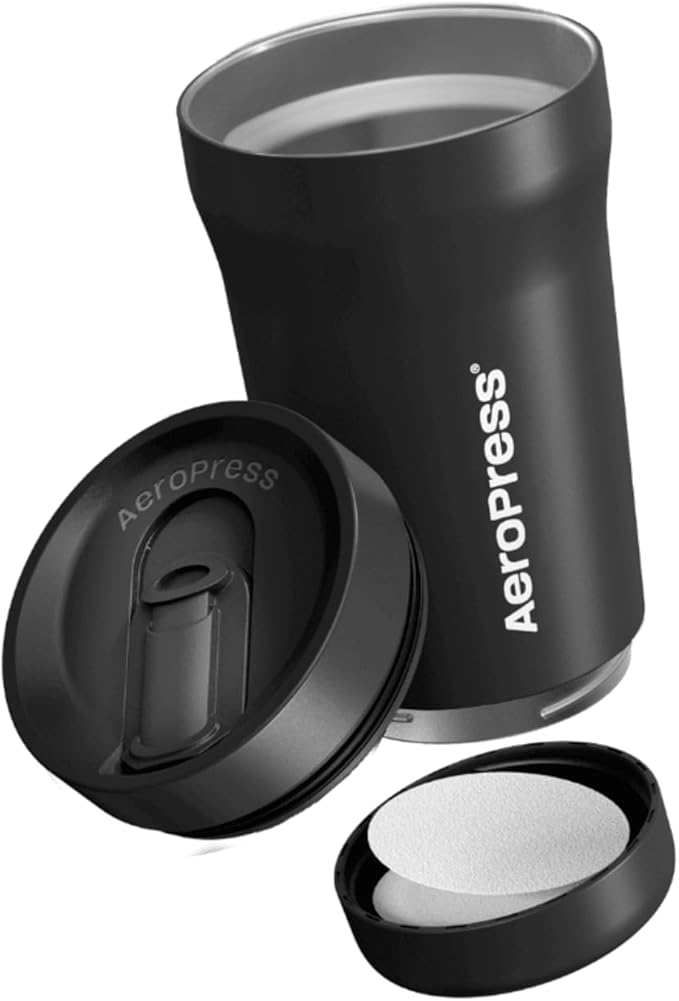 AeroPress Stainless Steel Travel Coffee Tumbler - Double-Wall Insulation for Hot or Cold Drinks with a Splash-Resistant Lid and Built-In Filter Storage, Cup Holder Friendly - 16 oz, Black