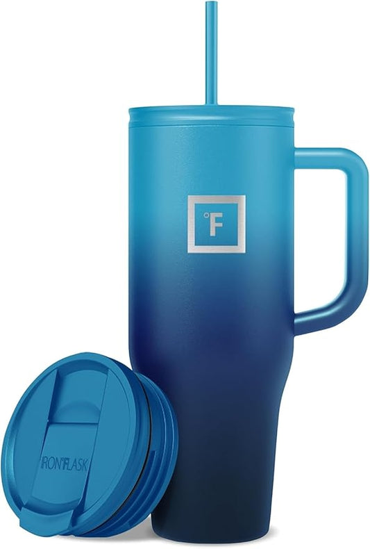 IRON °FLASK Co-Pilot Insulated Mug w/Straw & Flip Cap Lids - Cup Holder Bottle for Hot, Cold Drink - Leak-Proof - Water, Coffee Portable Travel Mug - Dark Night, 40 Oz