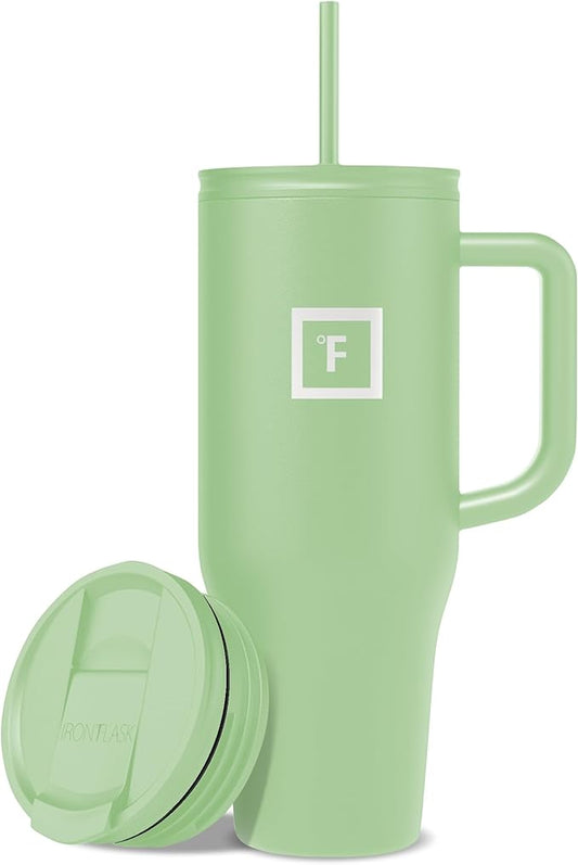 IRON °FLASK Co-Pilot Insulated Mug w/Straw & Flip Cap Lids - Cup Holder Bottle for Hot, Cold Drink - Leak-Proof - Water, Coffee Portable Travel Mug - Apple Green, 40 Oz
