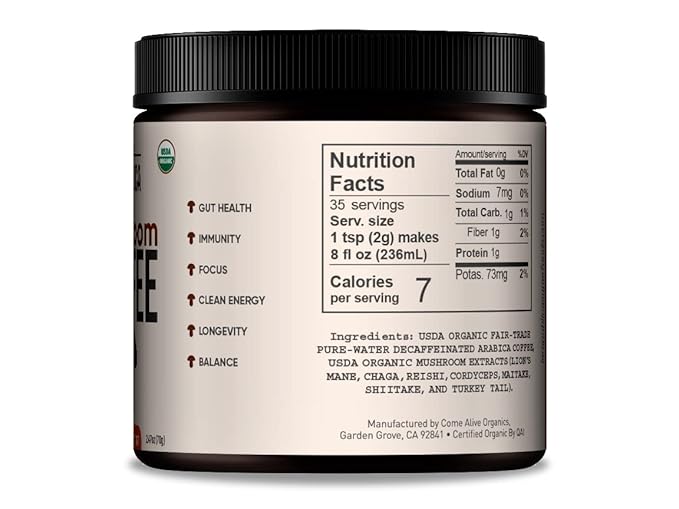 La Republica DECAF Organic Mushroom Coffee (35 Servings) with 7 Superfood Shrooms, Great Tasting Instant Mix Includes Lion's Mane, Reishi, Chaga, Cordyceps, Shiitake, Maitake, and Turkey Tail (Decaffeinated)