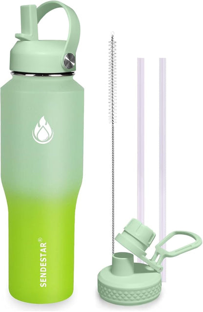 SENDESTAR 32oz Water Bottle Wide Mouth Stainless Steel Vacuum Insulated Double Wall with 2 Straw Lids Fit in Any Car Cup Holder TXIN-32-GG-1