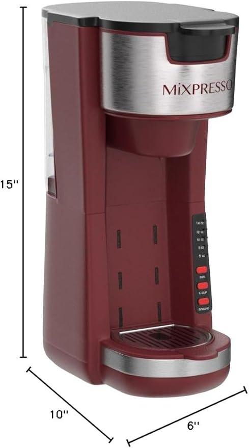 Mixpresso Red Single Serve Coffee Brewer K-Cup Pods Compatible & Ground, 30 oz Compact Coffee Maker Single Serve With 5 Brew Sizes Up To 14 Oz, Fits Travel Mug, Adjustable Drip Tray