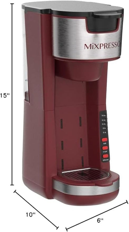 Mixpresso Red Single Serve Coffee Brewer K-Cup Pods Compatible & Ground, 30 oz Compact Coffee Maker Single Serve With 5 Brew Sizes Up To 14 Oz, Fits Travel Mug, Adjustable Drip Tray