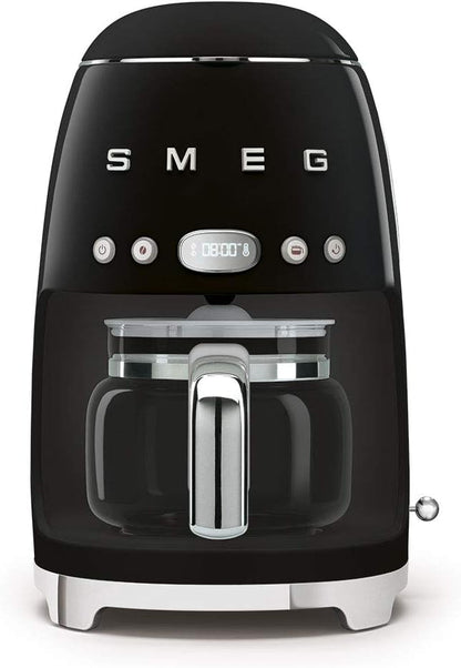 Smeg 50's Retro Style Aesthetic Drip Coffee Machine with 10 Cup Glass Carafe, Auto Start Feature, Keep Warm Plate, and Two Coffee Strength Settings (Black)