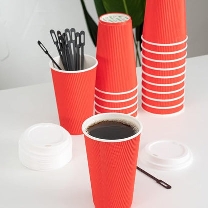 Restaurantware 16 Ounce Ripple Wall Disposable Coffee Cups, 500 Insulated Red Paper Tumblers with Rolled Rim Design, Lids Sold Separately for Hot Drinks like Tea, Hot Chocolate, and More