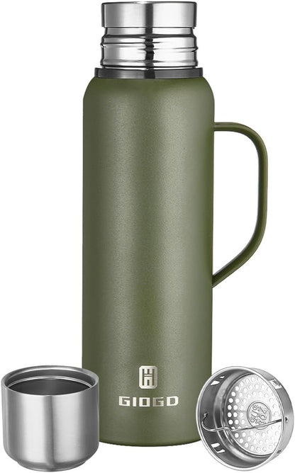Insulated Vacuum Thermo Bottle 750ml/25.4oz with Cup Stainless Steel Coffee Bottles for Hot and Cold Drink Water Flask.(Green, with Handle, 750ml)