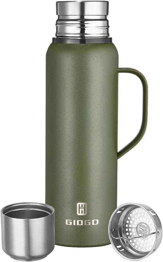 Insulated Vacuum Thermo Bottle 750ml/25.4oz with Cup Stainless Steel Coffee Bottles for Hot and Cold Drink Water Flask.(Green, with Handle, 750ml)