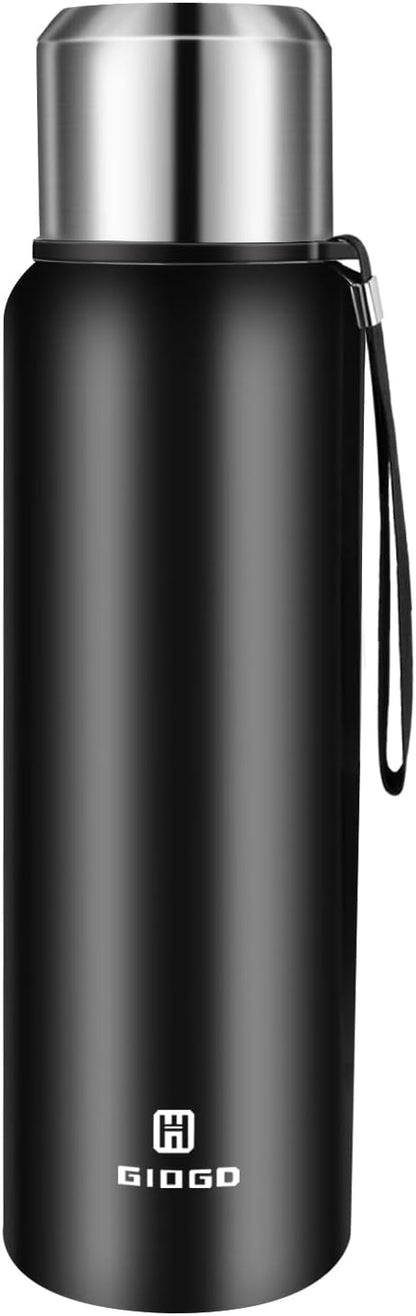 Insulated vacuum Thermo Bottle 1000ml/33.8oz with cup Stainless steel coffee bottles for hot and cold drink water flask.(Black,1000ml)
