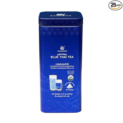 Suwirun Organic Blue Thai Tea 25 Bags – Naturally Blue Butterfly Pea Tea – Floral Aroma with Vanilla & Green Tea – Great for Hot, Iced & Milk Tea