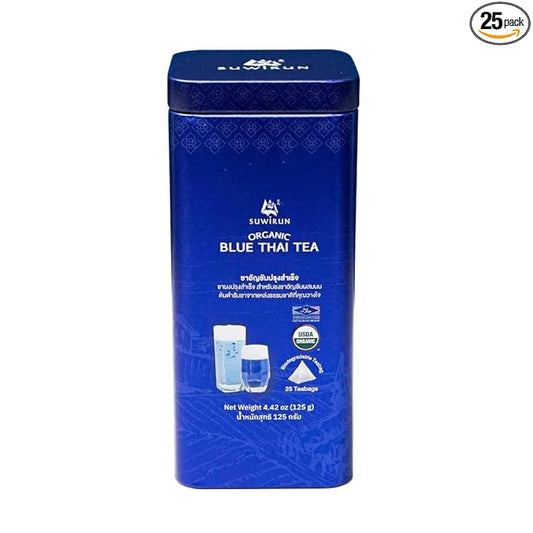 Suwirun Organic Blue Thai Tea 25 Bags – Naturally Blue Butterfly Pea Tea – Floral Aroma with Vanilla & Green Tea – Great for Hot, Iced & Milk Tea