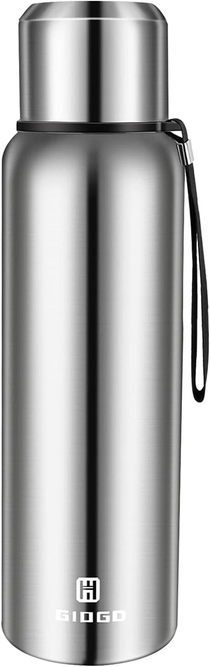 Insulated vacuum Thermo Bottle 1000ml/33.8oz with cup Stainless steel coffee bottles for hot and cold drink water flask.(Silver,1000ml)