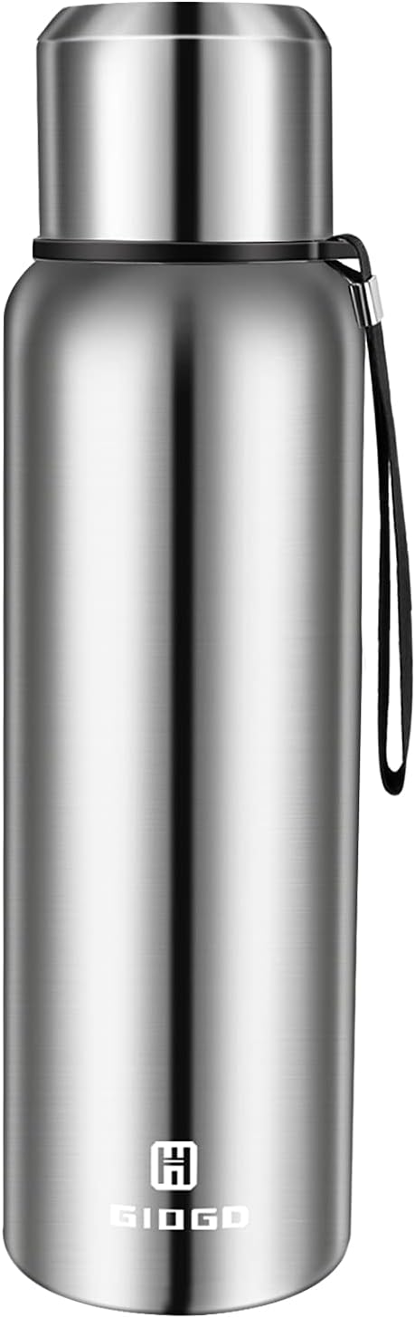 Insulated vacuum Thermo Bottle 1000ml/33.8oz with cup Stainless steel coffee bottles for hot and cold drink water flask.(Silver,1000ml)