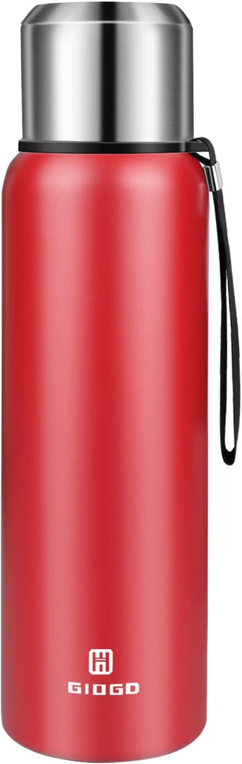 Insulated vacuum Thermo Bottle 1000ml/33.8oz with cup Stainless steel coffee bottles for hot and cold drink water flask.(Red,1000ml)