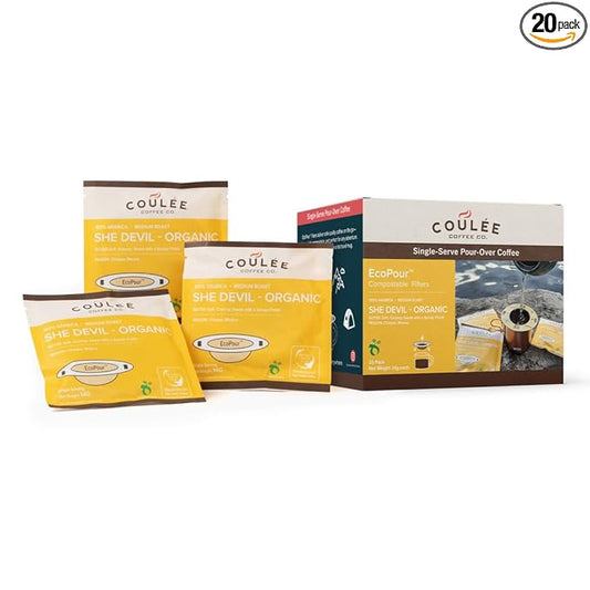 Coulée EcoPour She Devil Coffee, Single Serve Pour Over Arabic Coffee, Medium Roast, Use for Camping or Traveling, Pre Filled Compostable Filters, Ready to Brew with Hot Water, 10 Pack