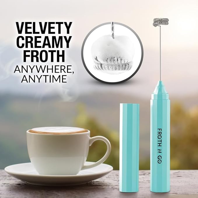 Zulay Kitchen FrothMate Powerful Milk Frother Portable & Compact Handheld Foam Maker Lattes, Cappuccinos (Aqua, Froth N Go)
