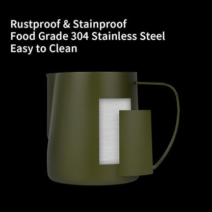 watchget Stainless Steel Milk Frothing Pitcher 12oz/350ml - Espresso Steaming Pitcher for Cappuccino, Latte Art, Coffee Machine Accessories Milk Jug Coffee Frother Cup, Matte Green