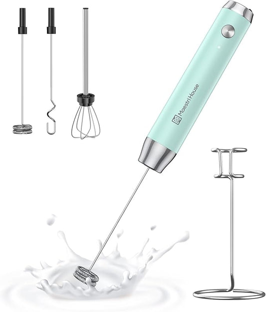 Maestri House Rechargeable Milk Frother with 3 Heads, LunaFro AS Handheld Electric Foam Maker Waterproof Detachable Stainless Steel Whisk Drink Mixer Foamer with Stand for Lattes, Cappuccino, Egg
