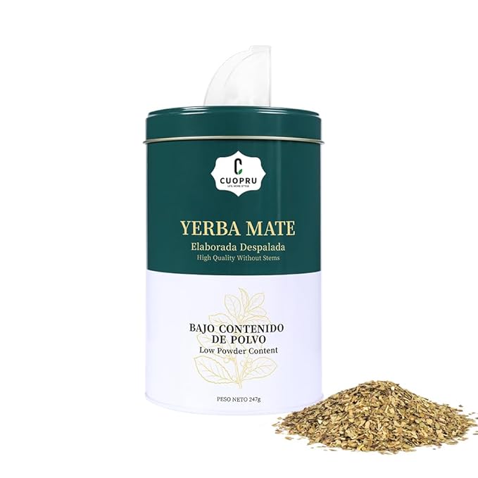 Yerba Mate, CUOPRU Traditional Argentinian Mate Tea, Low Tea Powder, Original Leaves without Stems, Included Portable Storage Container(Green Traditional)