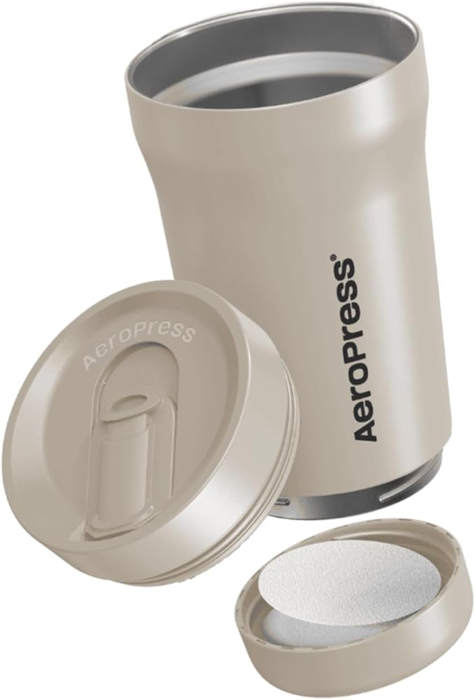 AeroPress Stainless Steel Travel Coffee Tumbler - Double-Wall Insulation for Hot or Cold Drinks with a Splash-Resistant Lid and Built-In Filter Storage, Cup Holder Friendly - 16 oz, Cream