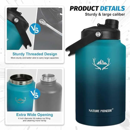 NATURE PIONEOR One Gallon Water Bottle Insulated - Large Double Vacuum Stainless Steel 128 oz Water Bottle with Holder/Carrier, 1 Gallon Water Jug,128oz, Wide Mouth