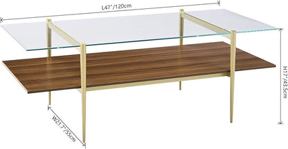 AGV LIGHTING Tadio Large Glass Coffee Table, Mid-Century Modern Coffee Table for Living Room, Gold Finish Leg, Clear Glass Top & Walnut Brown Shelf, 47 in