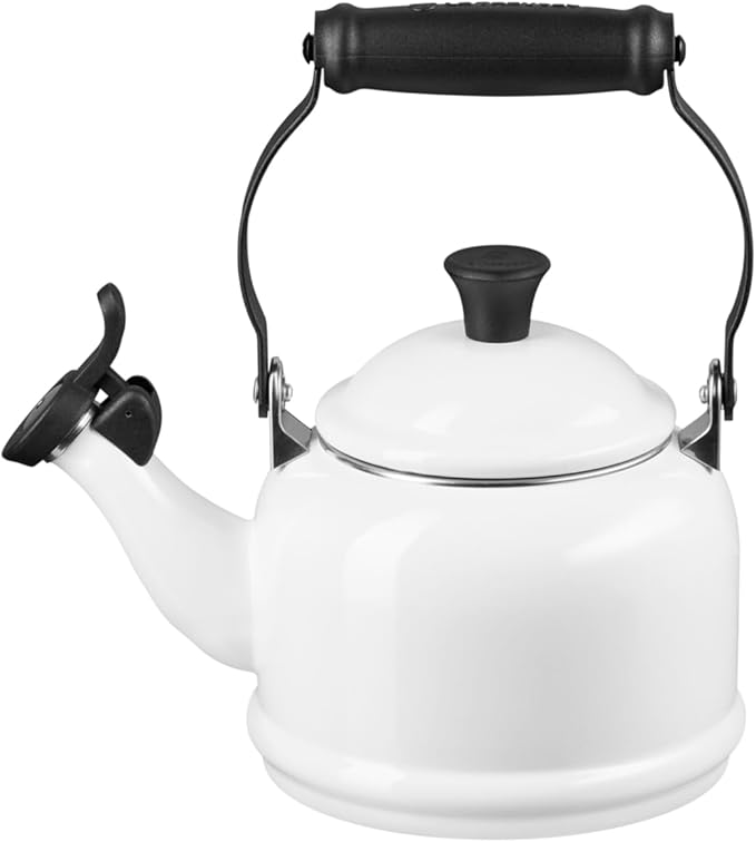 Le Creuset Enamel On Steel Demi Kettle & Stoneware Set of 2 Mugs, 1.25 qt. Kettle & (2) 14 oz. Mugs, White