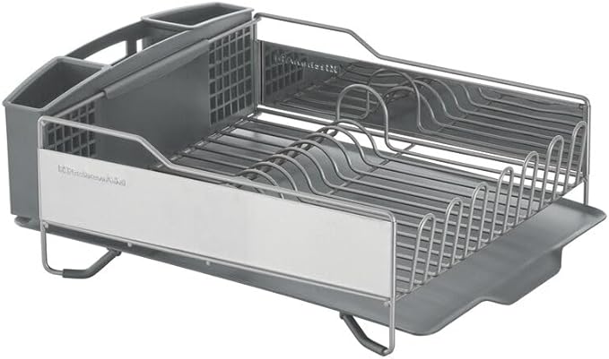 KitchenAid Large Capacity Full Size Rust Resistant Dish Rack with Angled Drain Board and Removable Flatware Caddy, Light Grey