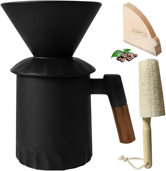 Pour Over Coffee Maker Set, Ceramic Pour Over Coffee Dripper 15.5oz/450 ml with 25 Pcs V60 Paper Filter, Coffee Pour Over Set for Camping, Black