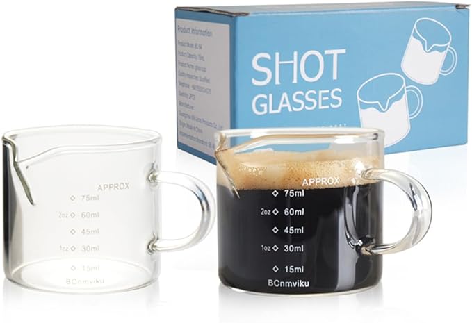 BCnmviku 2 PACK Espresso Glass Measuring Cup Triple Pitcher Milk Cup 75ML Espresso Cups with Handle Shot Glass with V-Shaped Mouth Clear Accessories Milk Frothing Pitcher (2)