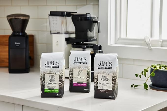 Jim’s Organic Coffee – Sweet Love Blend – Ground - Dark Roast, Bold 11 oz Bag - Certified Organic, Regeneratively Grown, Ethically Traded, Shade Grown Coffee