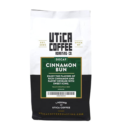 Utica Coffee Roasting Co. Decaf Cinnamon Bun | Specialty Flavored Medium Roast Ground Coffee | 16 Oz Reclosable Bag