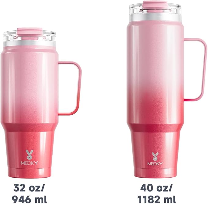 Meoky 32 oz Tumbler with Handle, Insulated Tumbler with Lid and Straw, Stainless Steel Travel Mug, 100% Leak Proof, Keeps Cold for 24 Hours or Hot for 8 Hours, Fits in Car Cup Holder (Flamingo)