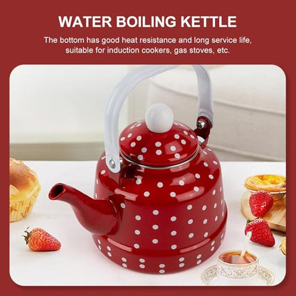 DOITOOL Vintage Tea Kettle 1.1 L Enamel Tea Kettle with Handle, Stove Top Water Kettle Coffee Tea and White Polka Dot with Stainless Steel Filter for Home Kitchen