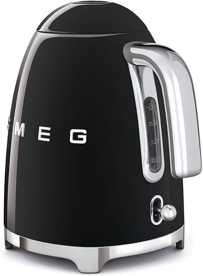 SMEG 50's Retro Style Electric Water Kettle with Automatic Shutoff, Removable Base, and Water Indicator, KLF03BLUS, Black