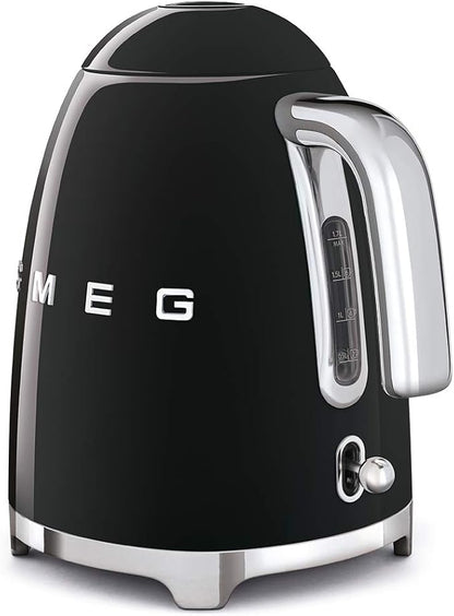 SMEG 50's Retro Style Electric Water Kettle with Automatic Shutoff, Removable Base, and Water Indicator, KLF03BLUS, Black