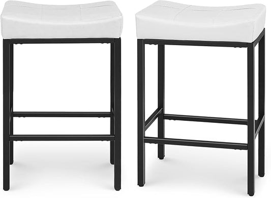 Athena Collection Counter Height Bar Stools Set of 2, 31.5 Inches Saddle Bar Stools with Leather Upholstered and Metal Legs, Backless Barstools for Counter, Kitchen Island, Dining Room, White