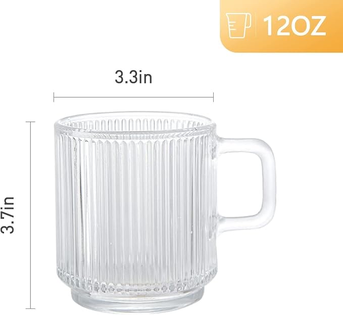 D.M DESIGN·MASTER [6 PACK, 12 OZ - Premium Glass Coffee Mugs with Handle. Transparent Tea Glasses for Hot/Cold Beverages, Perfect Design for Americano, Cappuccino, Tea and Beverage.