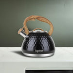 Load image into Gallery viewer, Tea Kettle, Toptier Teapot Whistling Kettle with Wood Pattern Handle Loud Whistle, Food Grade Stainless Steel Tea Pot for Stovetops Induction Diamond Design Water Kettle, 2.7-Quart Black