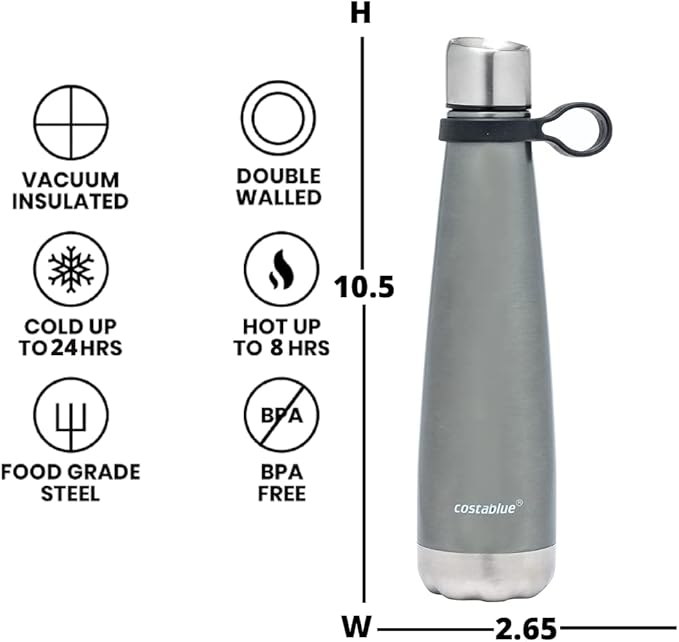 Insulated Water Bottle - On-The-Go Refillable Stainless Steel Water Bottles For Adults, Reusable Thermos Travel Tumbler With Leak-proof Lid For Hot & Cold Beverages (17 Oz. Silver Shadow)