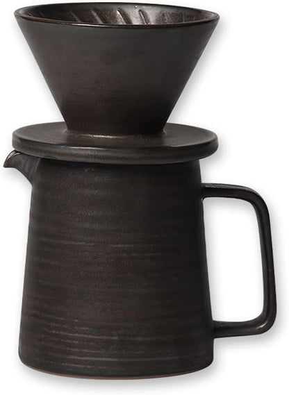 Stoneware Handmade Pour Over Coffee Maker Set, Ceramic Coffee Brewer Hand Drip Cone Dripper & Coffee Pot Microwaveable Decanter, Retro Metallic Glaze, 16oz