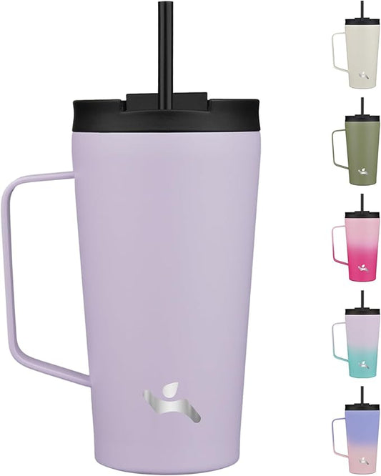Insulated Tumbler with Handle and Straw, 18 OZ Travel Coffee Mug Stainless Steel Cup Metal Water Bottle,Taro