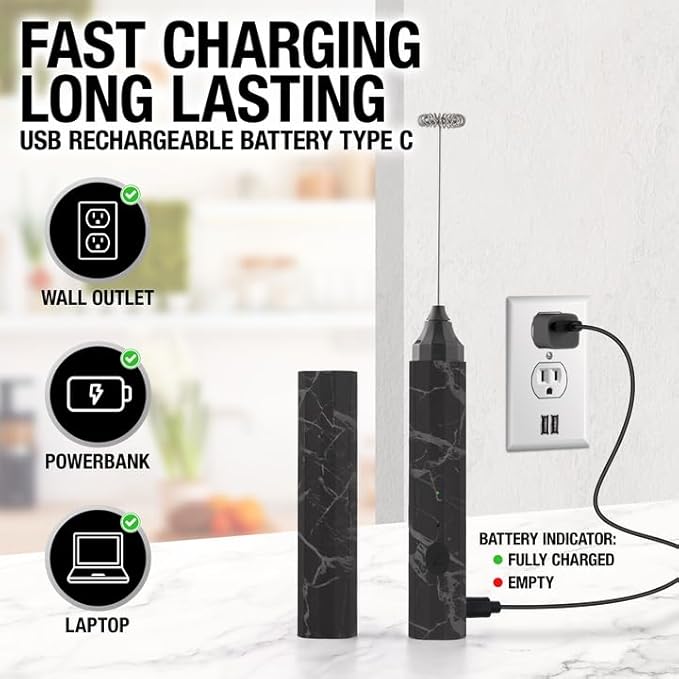 Zulay Kitchen Rechargeable Milk Frother Froth N Go Frother Wand With Case & USB-C Charger - Comes With 3 Whisk Attachments for Latte, Cappuccino, Matcha, Protein Shakes - Black Marble