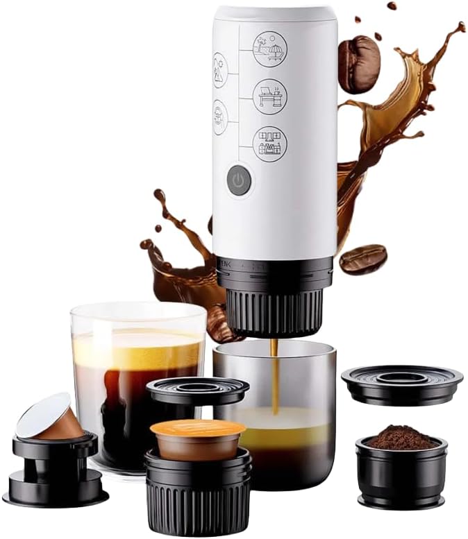Portable Espresso Machine Mini 12V Rechargeable 3-in-1 Multi-Function Electric Coffee Machine One Key Extraction Compatible with NS & DG Capsules and Ground Coffee for Office Home (White)