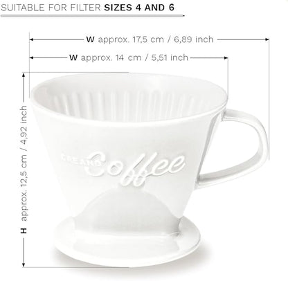 Creano XXL Porcelain Coffee Dripper White - Ceramic Cone Brewer - Pour Over Coffee Maker - Filter Size 4 - huge and heavy quality 800gr/28oz - 6 Colours availeble